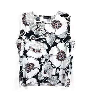 Lightweight Scoop Neck Sleeveless Blouse White Black Floral XL ( 16/18)